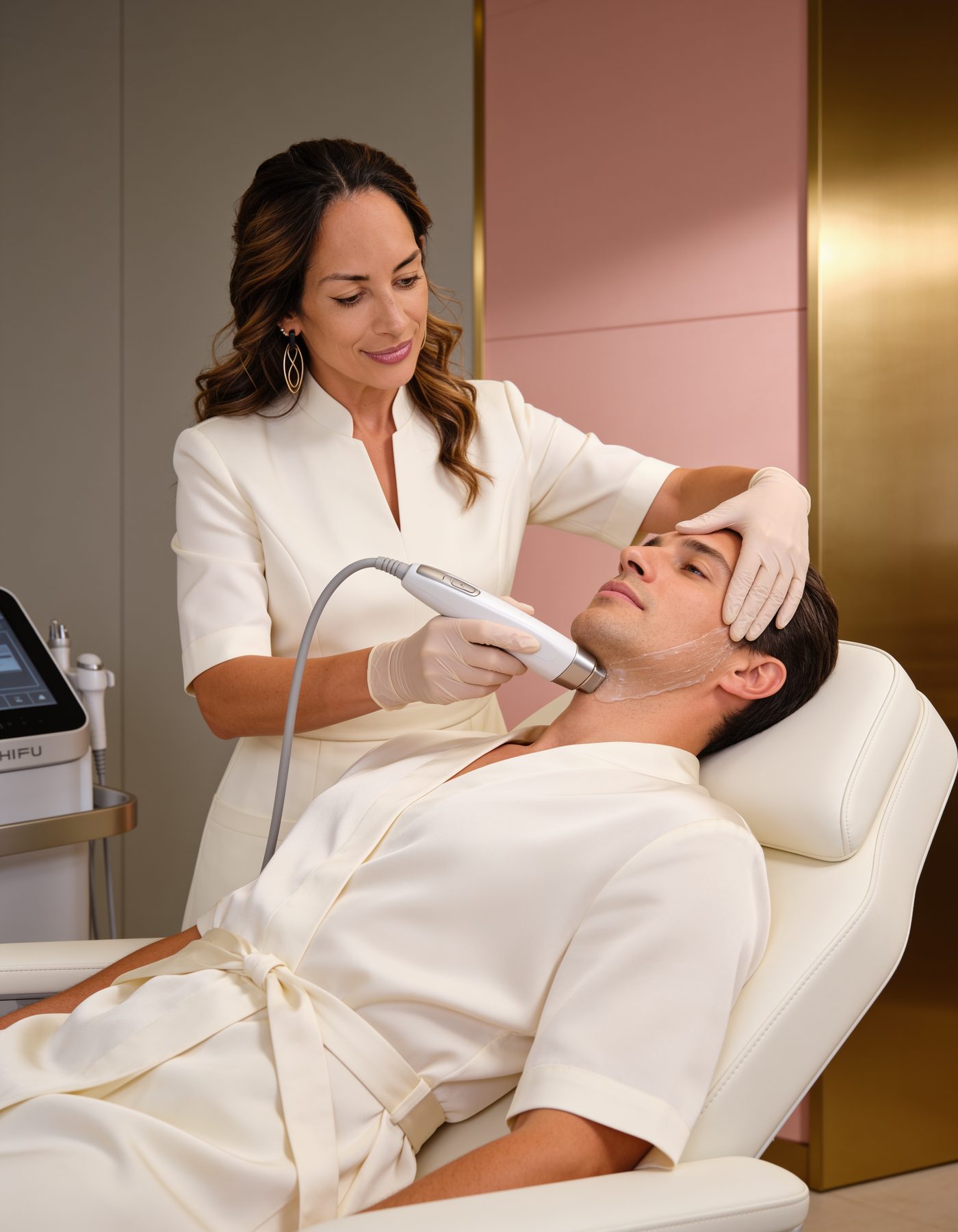 Keli Lima demonstrando atendimento facial com equipamento HIFU