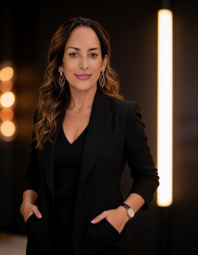 Keli Lima com traje preto em retrato profissional
