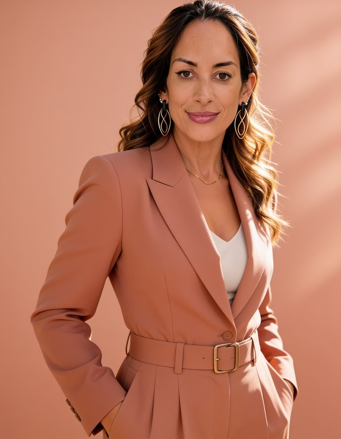 Keli Lima com conjunto rosa em retrato profissional